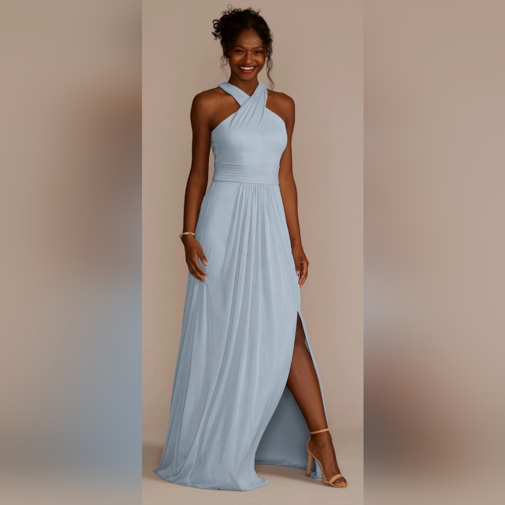 David's Bridal Elegant Blue-gray  Criss Cross Front Maxi Dress With Front Slit